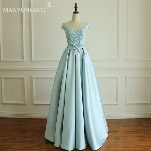 MANYUNFANG Long A-Line Prom Dresses With Capped Sleeves Jewel Neck Lace Appliques Prom Gowns Floor Length Prom Dress