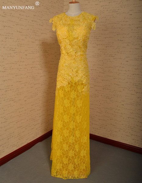 Spring New Design Yellow Lace Real Picture Sheath Column Prom Dress Brazil Hot Sale Style Party Sequins Beads Prom Dresses