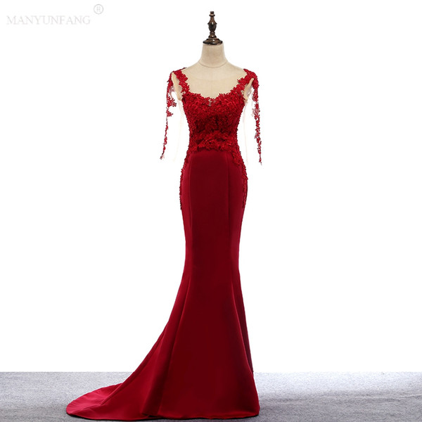 Illusion Sexy Back Lace Sheath Prom Dresses with Long Sheer Sleeves Floor Length Red Appliques Sexy Chiffon Evening Dresses