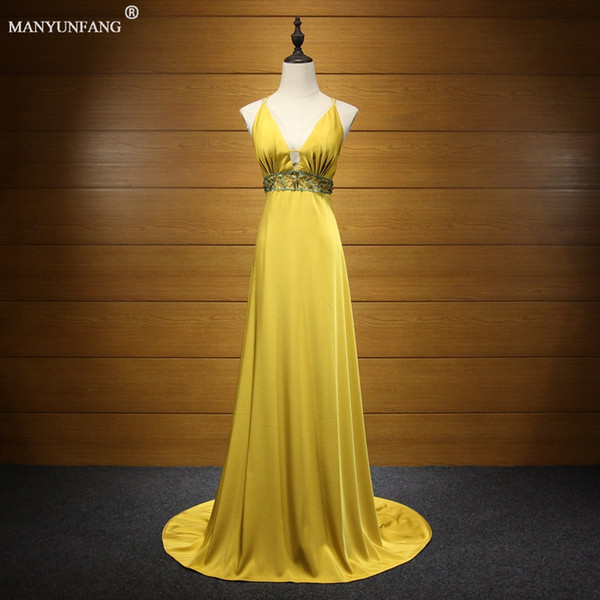 Sexy Prom Dresses robe de soiree Yellow Fashionable Neck Empire Dresses Evening Wear Party Gowns Criss-Cross Back Prom Dress