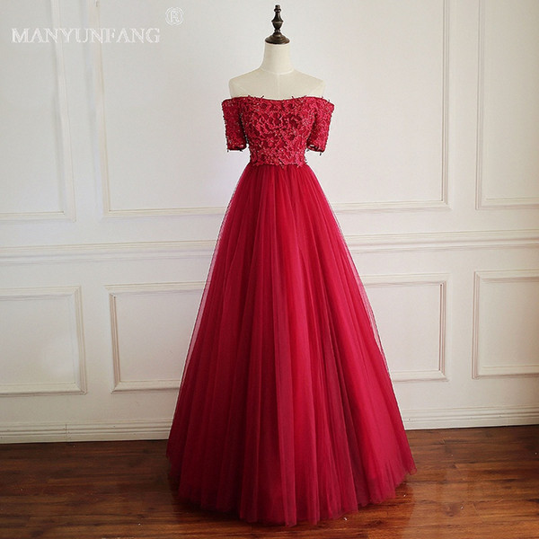 MANYUNFANG New Arrival Bateau Neck Floor Long Prom Dress Short Sleeves Hot Red Flowers Formal Party Custom Made Evening Dresses