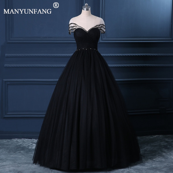 Princess Black Crystals Cheap Long Prom Dresses Ball Gown Tulle Cheap Short Sleeves African Girl Pageant Formal Evening Party Gowns