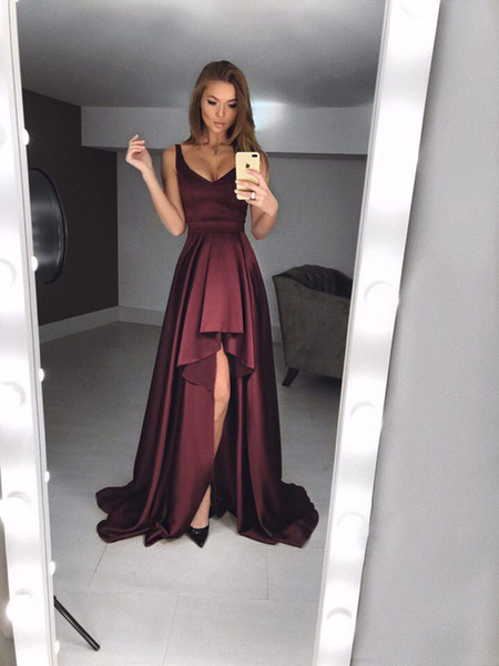 New Arrival Women Sexy V-neck Prom Dresses Burgundy Sleeveless A-line Hi-Lo Satin Evening Dress Natural Waistline Formal Gowns Sweep Train