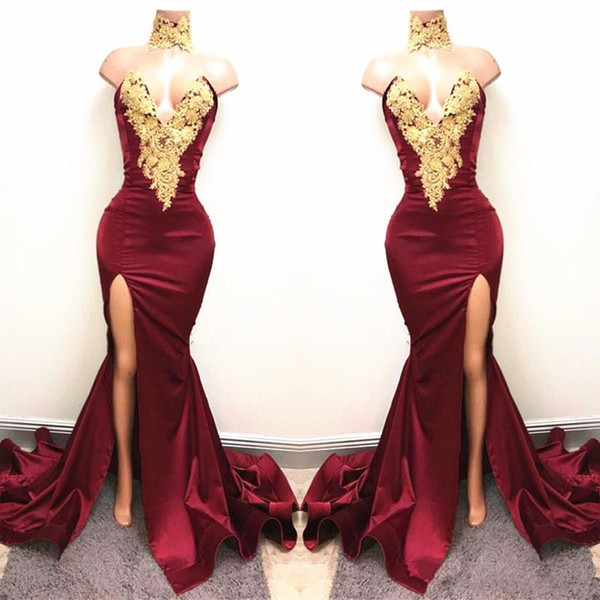 Sexy Burgundy Prom Dresses With Gold Applique Hot Selling New Deep V-Neck Side High Split Mermaid Formal Evening Party Gowns P170