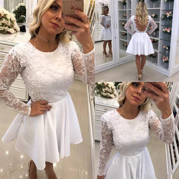 White Short Lace Prom Dresses Knee Length A-Line Backless Formal Evening Party Gowns Vintage Style Long Sleeve Cocktail Dresses P009