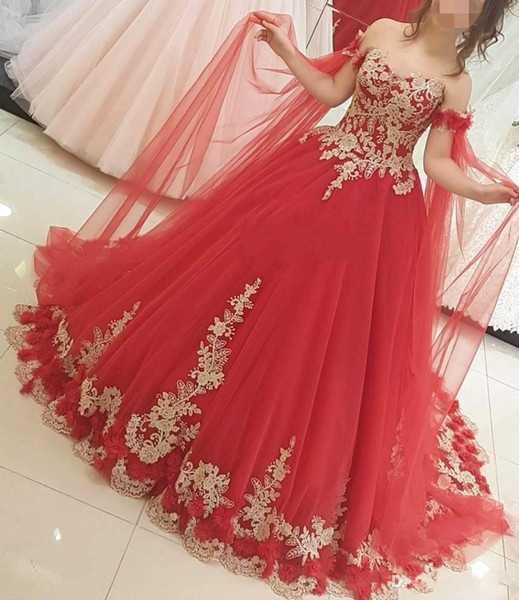 Luxury Red Tulle Prom Dresses With Gold Applique Wraps Sweep Train Sweetherat Ball Gown Formal Evening Party Gowns New Design P026