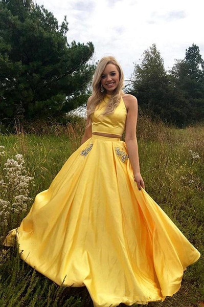 Two Pieces Yellow Prom Dresses With Pockets Beaded New Fashionable Custom Pleats Backless A-Line Satin Formal Evening Party Gowns P070