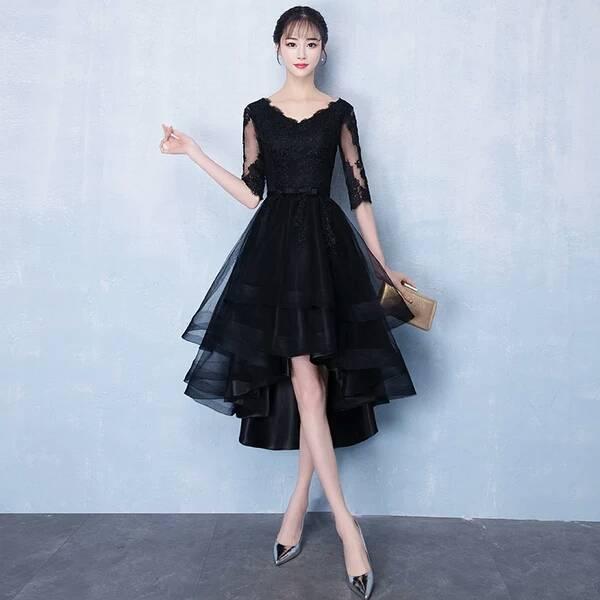 Black Lace Short Prom Dresses Vintage Style V-Neck Bow Sash Tulle Half Sleeve High Low Party Evening Dresses Special Occasion Gowns P313