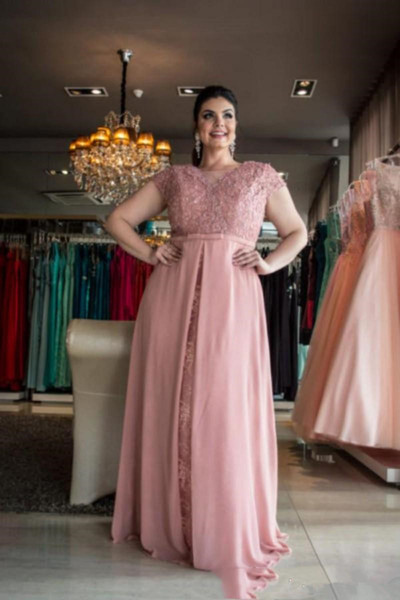 Plus Size Blush Pink Chiffon Prom Dresses New Elegant Floor Length Front Split A-Line Cap Sleeve Lace Formal Evening Party Gowns P009