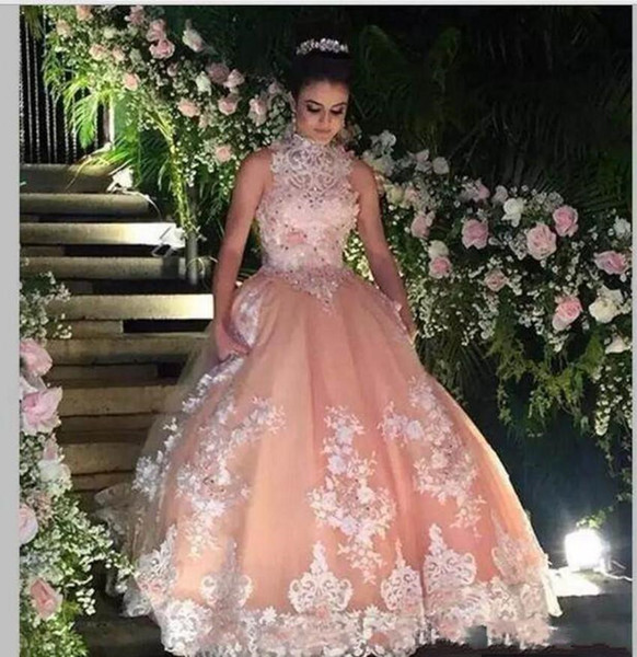 Pink Lace High Neck Prom Dresses Hot Selling New Custom Sweep Train Ball Gown Applique Beads Tulle Formal Evening Party Gowns P282