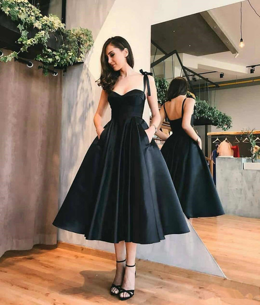 Little Black Prom Dresses New Designer Hot Selling Custom Pleats Tea Length Spaghetti Strap Sexy Black Formal Evening Party Gowns P025