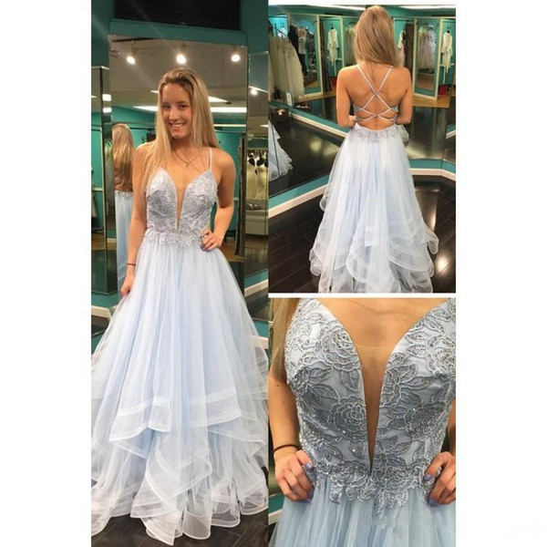 Sexy Dusty Blue Lace Prom Dresses New Hot Selling Custom Made Ruffled Spaghetti Strap A-Line Tulle Formal Evening Party Gowns P043