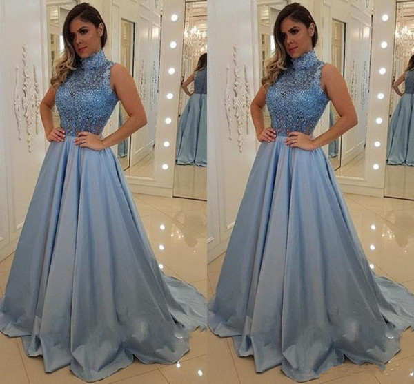 Dusty Blue High Neck Prom Dresses New Design Custom Made Vestidos De Fiesta Beaded Pleats A-Line Lace Formal Evening Party Gowns P200