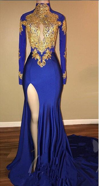 Royal Blue Mermaid Prom Dresses With Gold Applique High Split Long Sleeve High Neck Formal Evening Party Gowns New Hot Selling P039