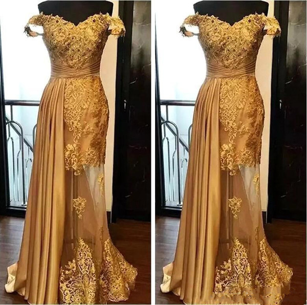 Off-the-shoulder Gold Lace Prom Dresses New Hot Selling Beaded Applique See Through Tulle Mermaid Formal Evening Party Gowns P040