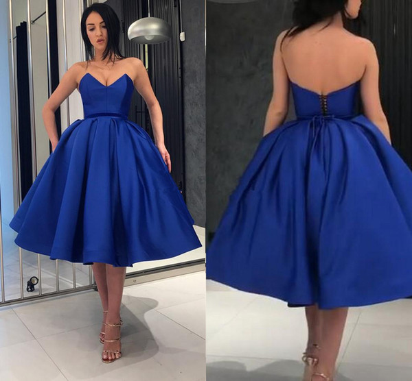 Royal Blue Short Prom Dresses Hot Selling Custom Made Simple V-Neck Pleats A-Line Knee Length Satin Formal Evening Party Gowns P009