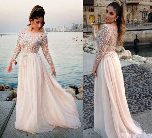 Long Illusion Sleeve Prom Dresses Plus Size Luxury Crystals Beads Sequins Chiffon Formal Evening Party Gowns Hot Selling Custom P026