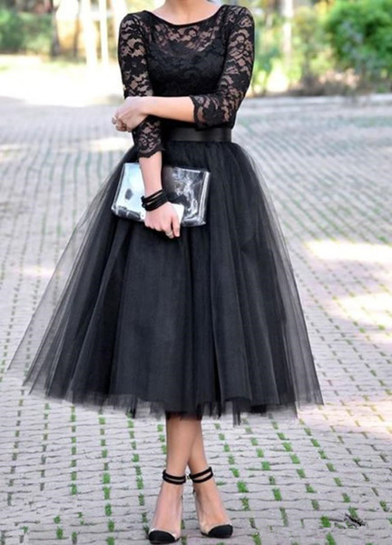 Gothic Black Lace Prom Dresses Tea Length A-Line Scoop Neckline 3/4 Long Sleeve Short Tulle Formal Evening Party Gowns Hot P021