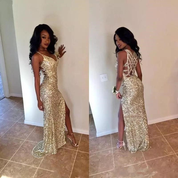 Bling Bling Sexy Gold Long Prom Dresses Hot Selling Custom Made V-Neck Mermaid High Split Special Occasion Evening Party Gowns P010