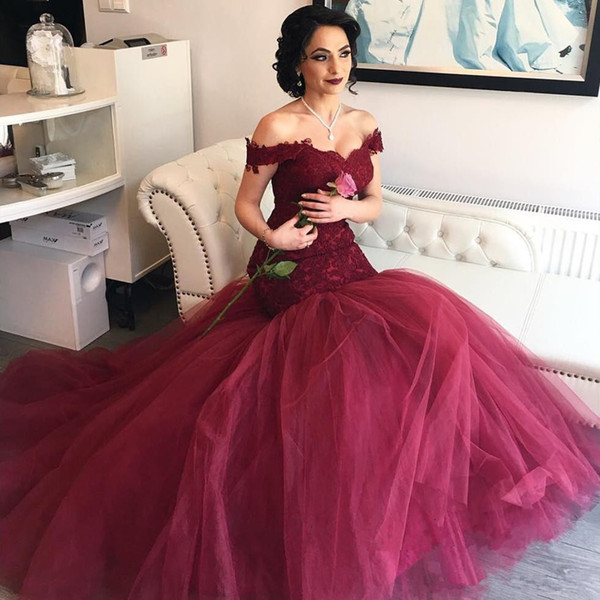 Burgundy Mermaid Lace Prom Dresses Sweep Train Appique Off-the-shoulder Tulle Evening Party Gowns Hot Selling Custom Made New P005