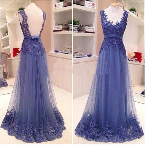 Royal Blue Lace Prom Dresses Real Image New Custom Sweep Train Matched Bow Sash V-Neck A-Line Backless Tulle Formal Evening Party Gowns P007