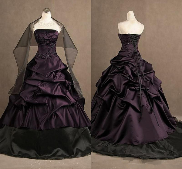 Victorian Gothic Embroidery Prom Dresses Beaded Pleats Strapless Ball Gown Taffeta Purple and Black Evening Dress Quinceanera Dresses P003