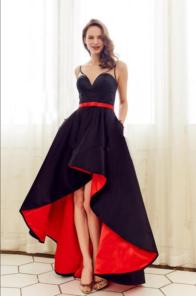 Red and Black High Low Prom Dresses New Design Custom Made Matched Sash Spaghetti Strap A-Line Sexy Formal Evening Party Gowns P152