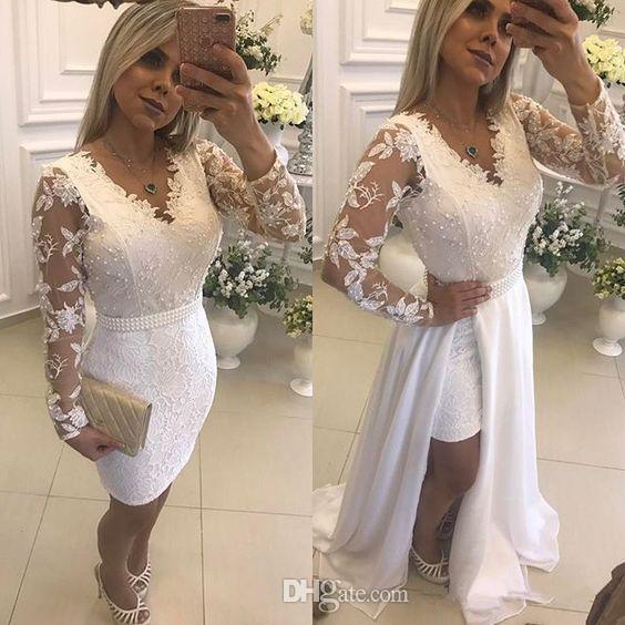 White Lace Short Prom Dresses With Detachable Skirt Pearls V-Neck Illusion Long Sleeve Formal Evening Party Gowns Hot Selling New P041