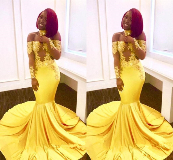 African Yellow Mermaid Prom Dresses Hot Selling Applique Pleats Sexy Off-the-shoulder Lace Long Sleeve Formal Evening Party Gowns P900