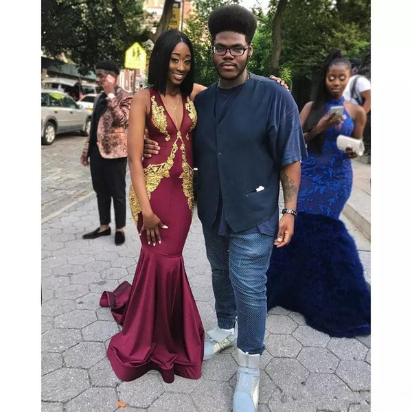 African Burgundy and Gold Prom Dresses New Design Custom Applique Sexy Deep V-Neck Mermaid Evening Party Special Occasion Gowns P029