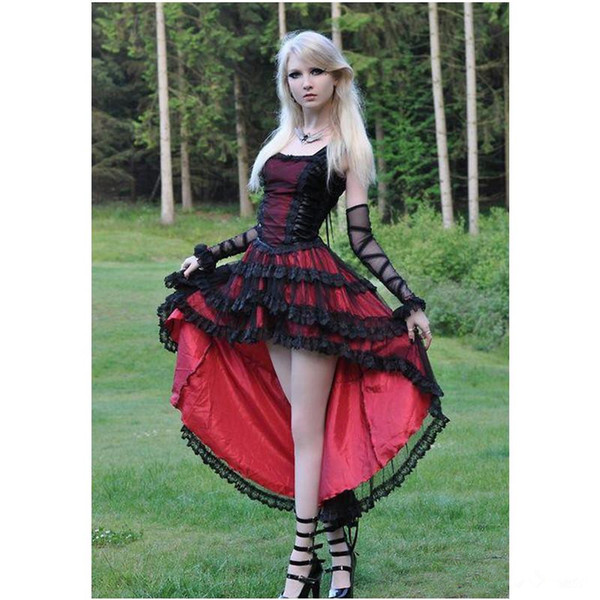 Gothic Red and Black Prom Dresses New Design Custom Made Fashionable Front Short Back Long Lace Party Special Occasion Gowns P028