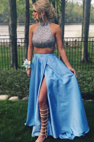 Two Pieces Sexy Prom Dresses New Design Hot Selling Luxury Beads High Neck Girls Pageant Dress High Split Blue Evening Gowns P061