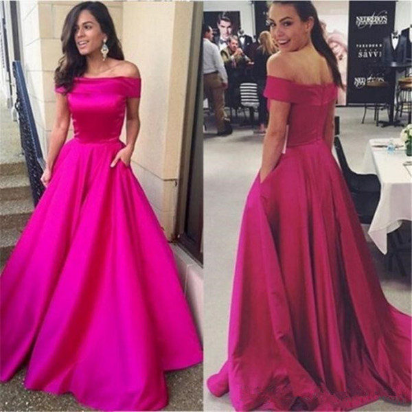 Off-the-shoulder Fuchsia Prom Dresses With Pocket New Style Hot Selling Sweep Train Pleats A-Line Satin Formal Evening Party Gowns P190