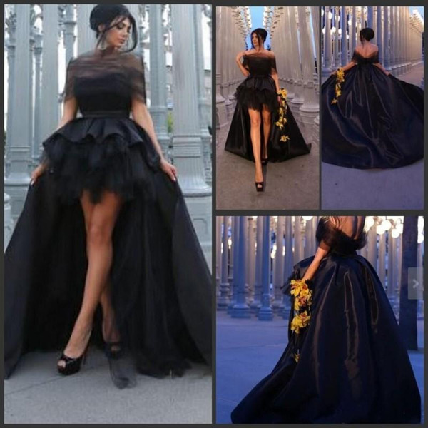 2017 Sexy Black Off Shoulder Prom Dresses Soft Tulle High Low Backless Evening Dress Sweep Train Custom Made Formal Party Gowns