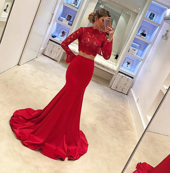 Trendy High Neck Two Pieces Prom Dresses Lace Applique Mermaid Evening Dress With Long Sleeves Special Occasion Dresses