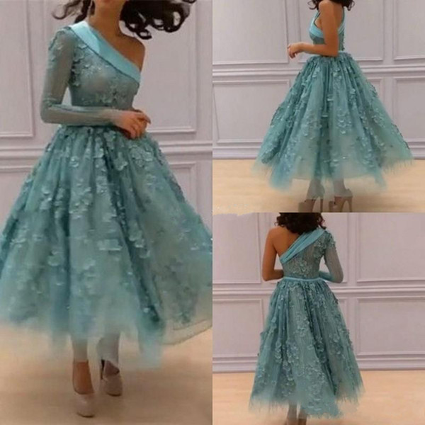 2017 Unique One Shoulder Prom Dresses Mint Green 3D Floral Appliques Evening Gowns Long Sleeves Ankle Length A Line Evening Party Gowns