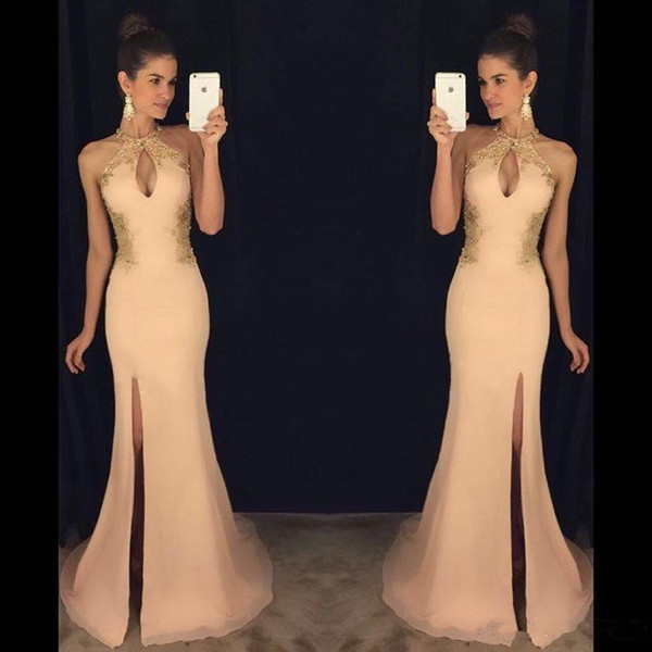 Gold Applique Lace Prom Dresses Sexy Halter Mermaid Side Slit Party Formal Dress Long Custom Made Evening Gowns