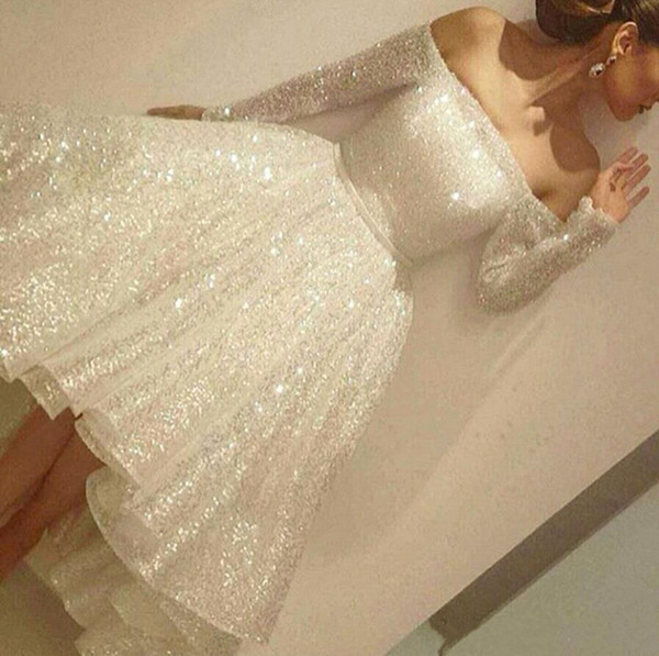 Tea Length A-line Short Prom Dresses Bling Bling White Sequined Evening Dress Sexy Off Shoulder Long Sleeves Special Occasion Dress