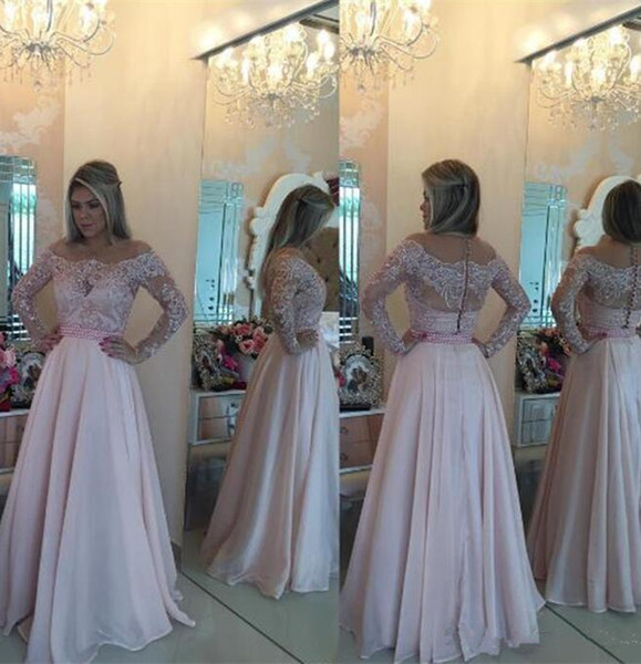 Lace Long Sleeves Chiffon A-Line Prom Dresses Off Shoulder Applique Beaded Evening Dress Sweet Pink Special Occasion Dress