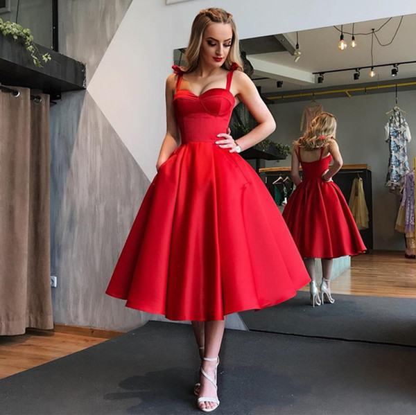 Vintage Red Tea Length A-Line Prom Dresses Spaghetti Simple Cheap Short Cocktail Dress Homecoming Dresses Graduation Gowns