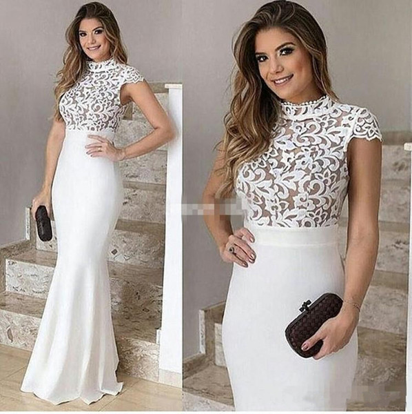 Elegant White Chiffon Mermaid Prom Dresses Lace Top High Neck Cap Sleeve Evening Dress Simple Cheap Pageant Dress Long Gowns for Prom