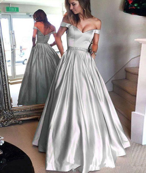 Silver Off Shoulder A Line Satin Prom Dresses Custom Made Long Evening Dress With Pockets Sexy V Back Special Occasion Dress