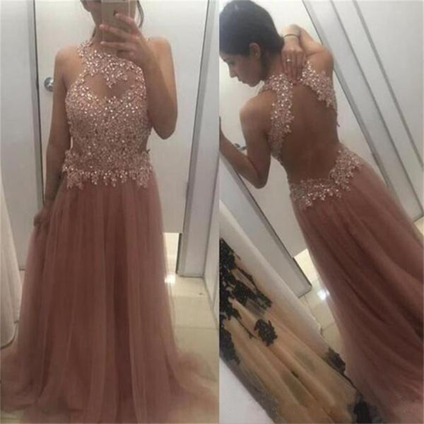 Sexy Backless Prom Dresses Long Tulle A Line Lace Applique Beaded Evening Party Gowns Special Occaion Dress