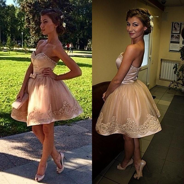 Custom Made Champagne Beads Applique Lace Prom Dress Sexy Sweetheart Homecoming Dress A line Knee Length Short Cocktail Gowns