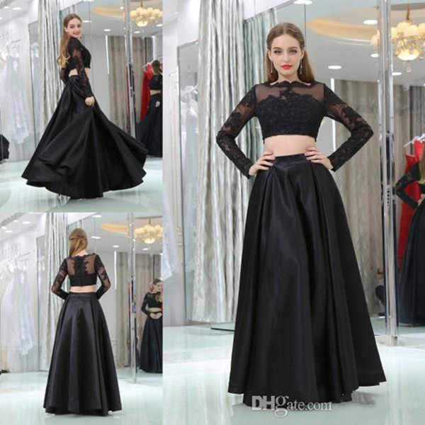 Vintage Black Two Pieces Prom Dresses 2017 Sheer Jewel Long Sleeves Applique Lace Formal Evening Gowns Custom Made Special Occasion Dress