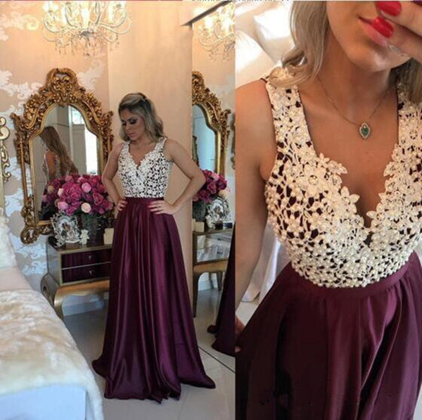 Marsala Burgundy Long Prom Dresses Lace with Pearls Top Deep V-neck Evening Dress Custom Made A-line Special Occasion Dress Custom Made