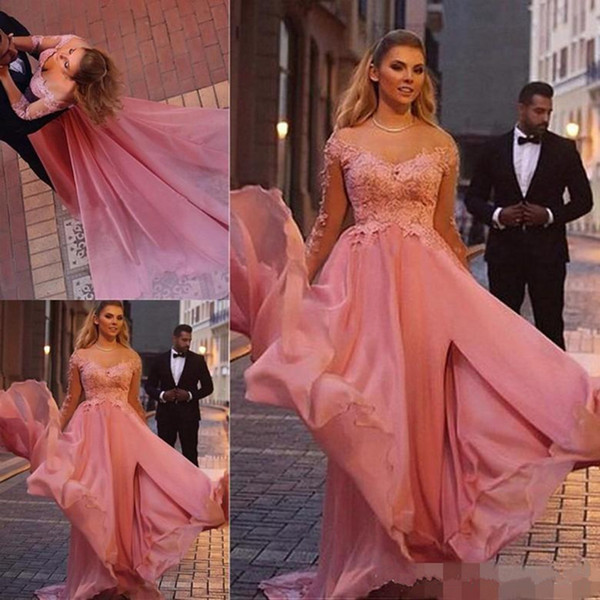 New Arrival Pink Arabic Long Sleeves Prom Dresses A Line Chiffon Appliqued Off Shoulder Evening Dress Vestidos de fiesta Formal Party Gowns