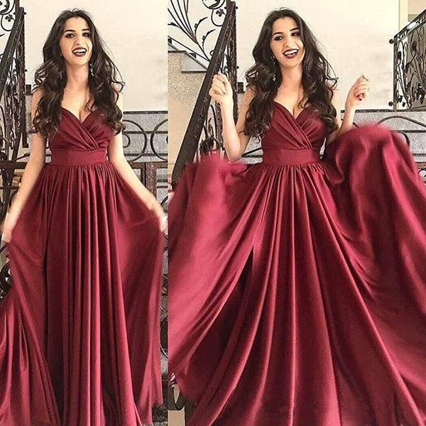 Simple Elegant Burgundy Prom Dresses Sexy V-neck Pleated A-line Evening Dress Saudi Arabia Cheap Special Occasion Dress