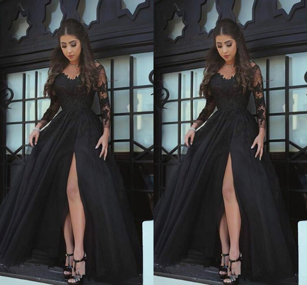 Modern Sheer Long Sleeves Evening Dresses Black Applique Lace Thing-High Split Prom Dress Custom Made Formal Party Gowns