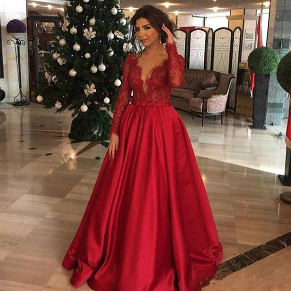 Custom Made Long Sleeves Prom Dresses Sexy V Neck Lace Applique Evening Dress Floor Length A-line Evening Gowns